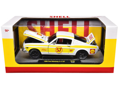 1966 Ford Mustang 2+2 GT #57 "Shell Oil" White with Yellow Stripes Limited Edition to 5650 pieces Worldwide 1/24 Diecast Model Car