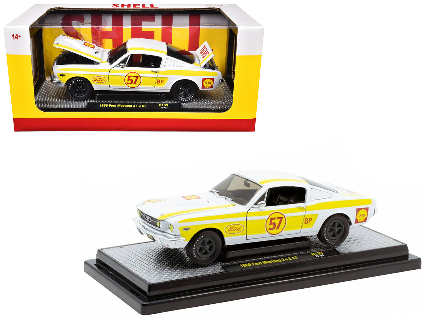 1966 Ford Mustang 2+2 GT #57 "Shell Oil" White with Yellow Stripes Limited Edition to 5650 pieces Worldwide 1/24 Diecast Model Car