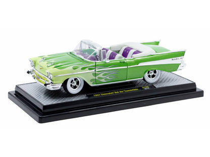 1957 Chevrolet Bel Air Convertible Green Metallic with Flame Graphics and Purple and White Interior Limited Edition to 4050 pieces Worldwide 1/24 Diecast Model Car