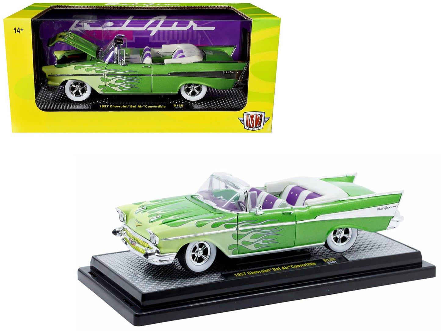 1957 Chevrolet Bel Air Convertible Green Metallic with Flame Graphics and Purple and White Interior Limited Edition to 4050 pieces Worldwide 1/24 Diecast Model Car