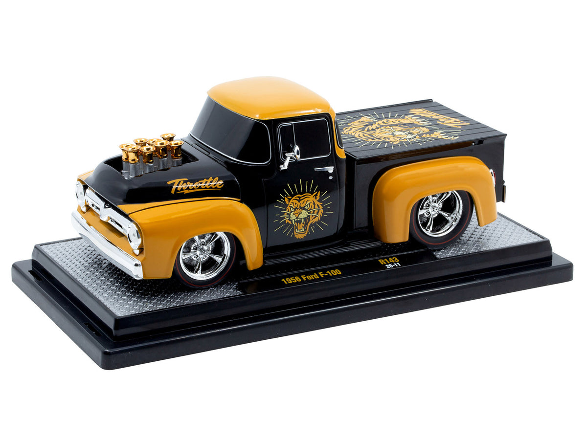 1956 Ford F-100 Pickup Truck "Throttle" Black with Brown Top and Fenders with Graphics Limited Edition to 6250 pieces Worldwide 1/24 Diecast Model Car