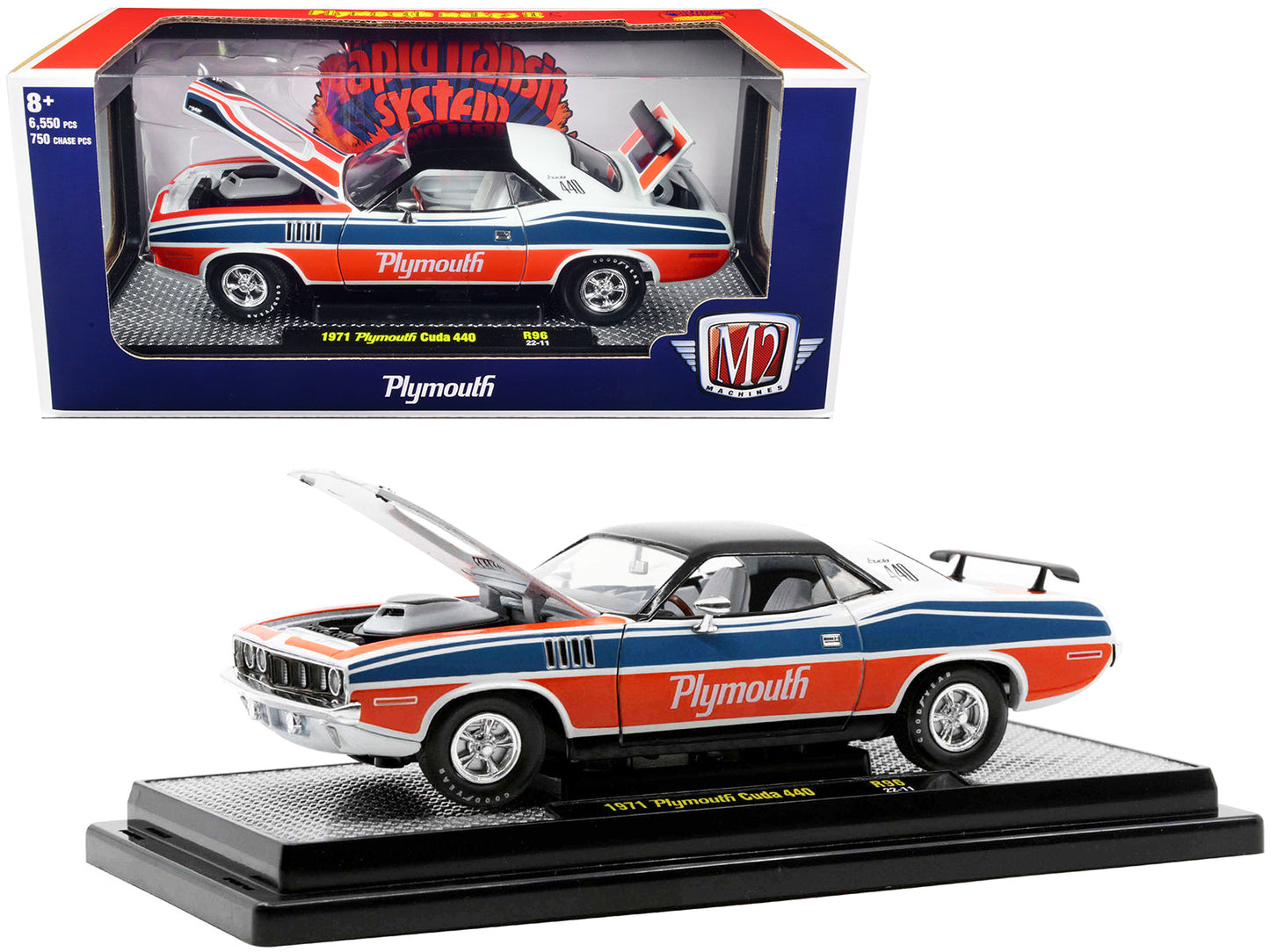 1971 Plymouth Barracuda 440 Pearl White with Blue and Red Stripes and Black Top Limited Edition to 6550 pieces Worldwide 1/24 Diecast Model Car