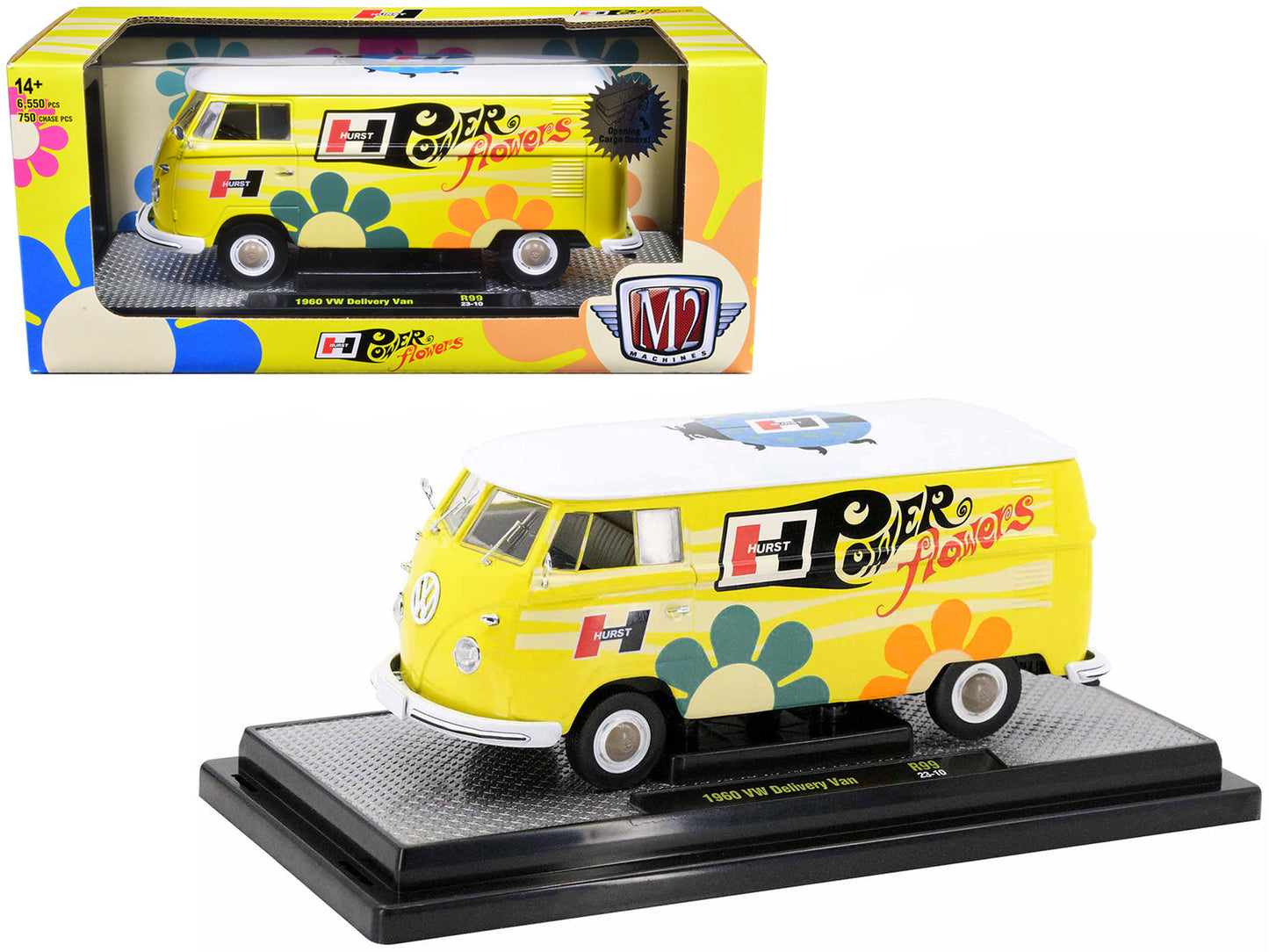1960 Volkswagen Delivery Van Yellow with Bright White Top and Flower Graphics "Hurst Power Flowers" Limited Edition to 6550 pieces Worldwide 1/24 Diecast Model Car