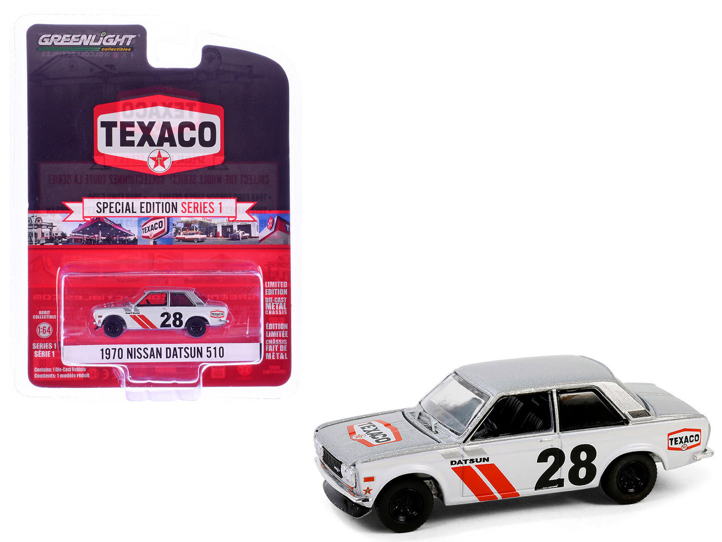1970 Nissan Datsun 510 #28 "Texaco" Silver Metallic and White with Red Stripes "Texaco Special Edition" Series 1 1/64 Diecast Model Car