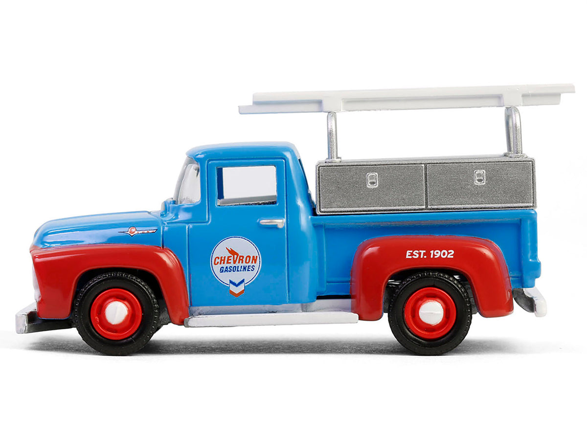 1956 Ford F-100 Pickup Truck with Tool Boxes and Ladders "Chevron" Blue and Red "Chevron Special Edition" Series 1 1/64 Diecast Model Car