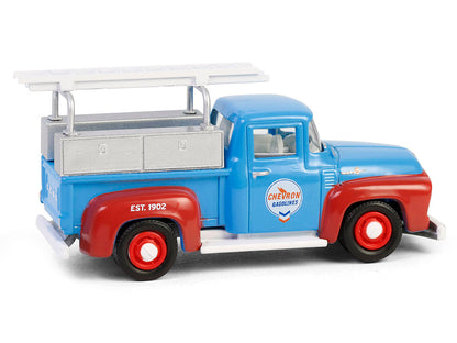 1956 Ford F-100 Pickup Truck with Tool Boxes and Ladders "Chevron" Blue and Red "Chevron Special Edition" Series 1 1/64 Diecast Model Car