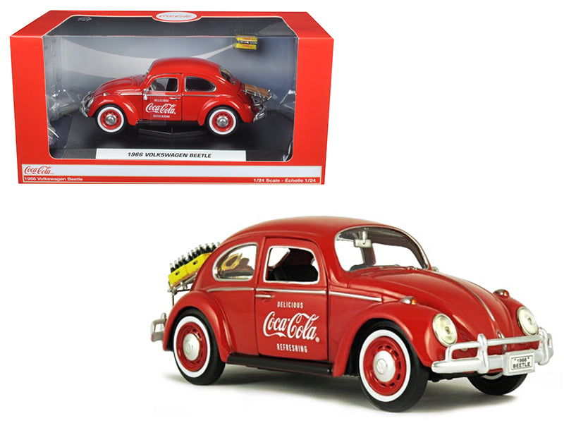 1966 Volkswagen Beetle with Rear Luggage Rack Red with Two Bottle Cases "Coca-Cola" 1/24 Diecast Model Car