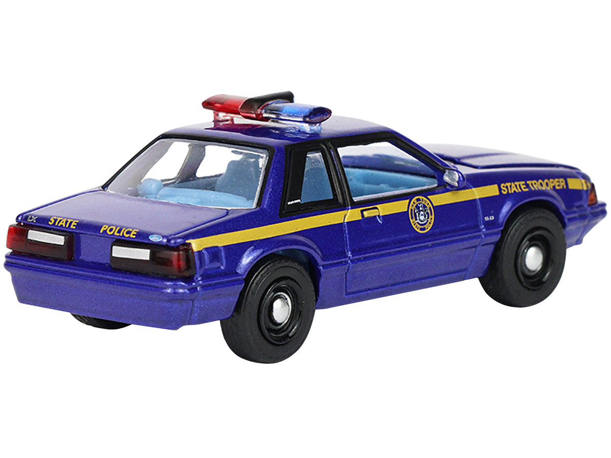 1988 Ford Mustang "New York State Police" Blue with Yellow Stripes and Blue Interior "Hot Pursuit" Series 8 1/64 Diecast Model Car