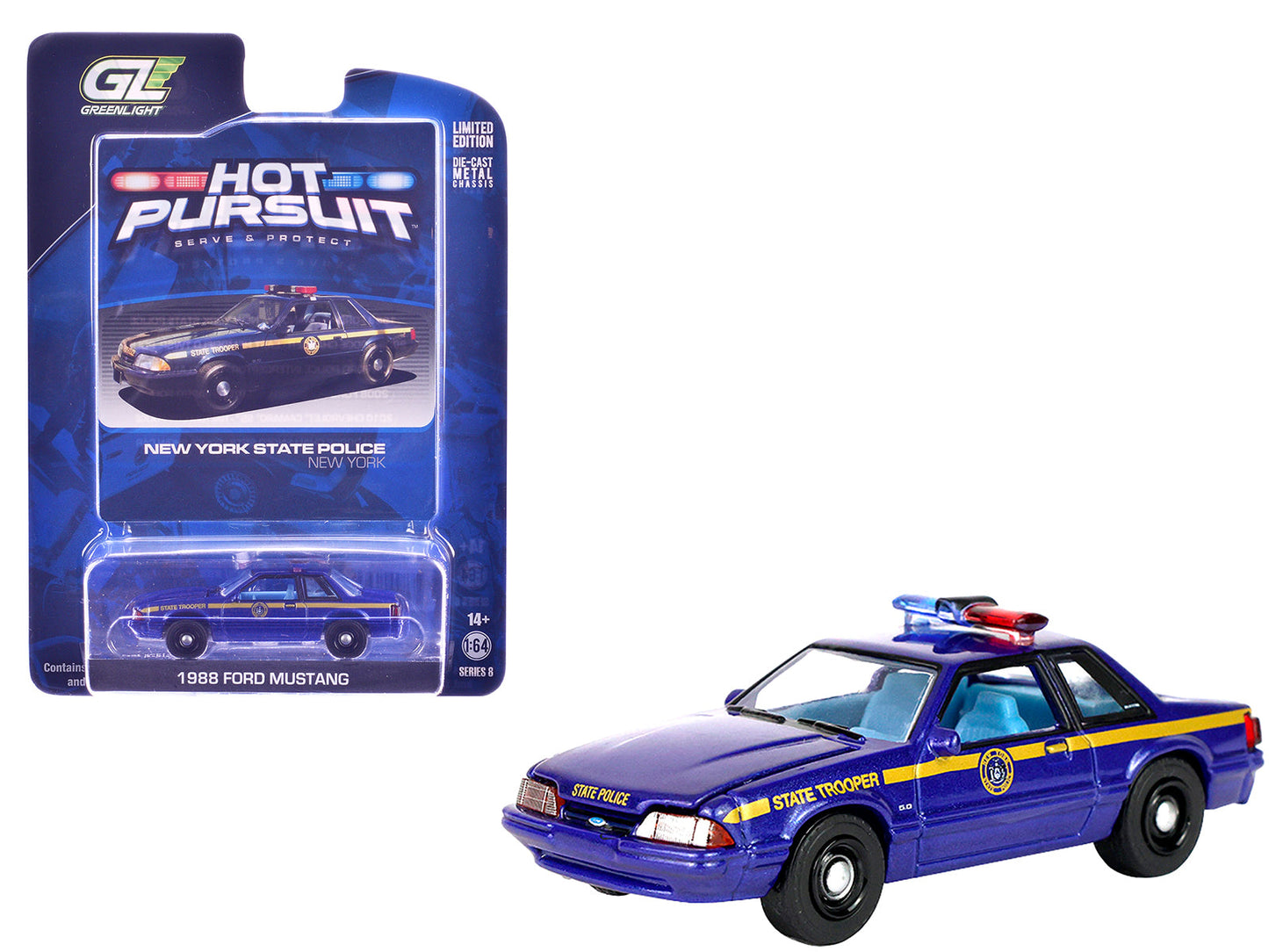 1988 Ford Mustang "New York State Police" Blue with Yellow Stripes and Blue Interior "Hot Pursuit" Series 8 1/64 Diecast Model Car