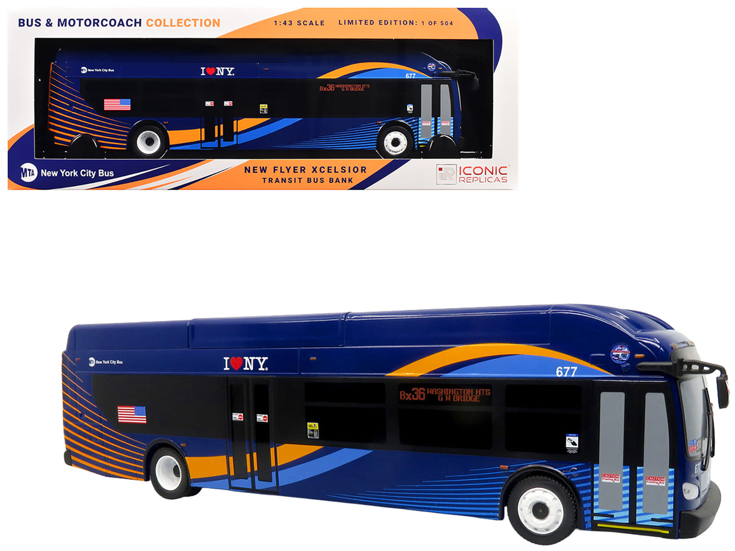 New Flyer Xcelsior Transit Bus Bank "MTA New York City" Blue with Graphics "The Bus & Motorcoach Collection" Limited Edition to 504 Pieces Worldwide 1/43 Model