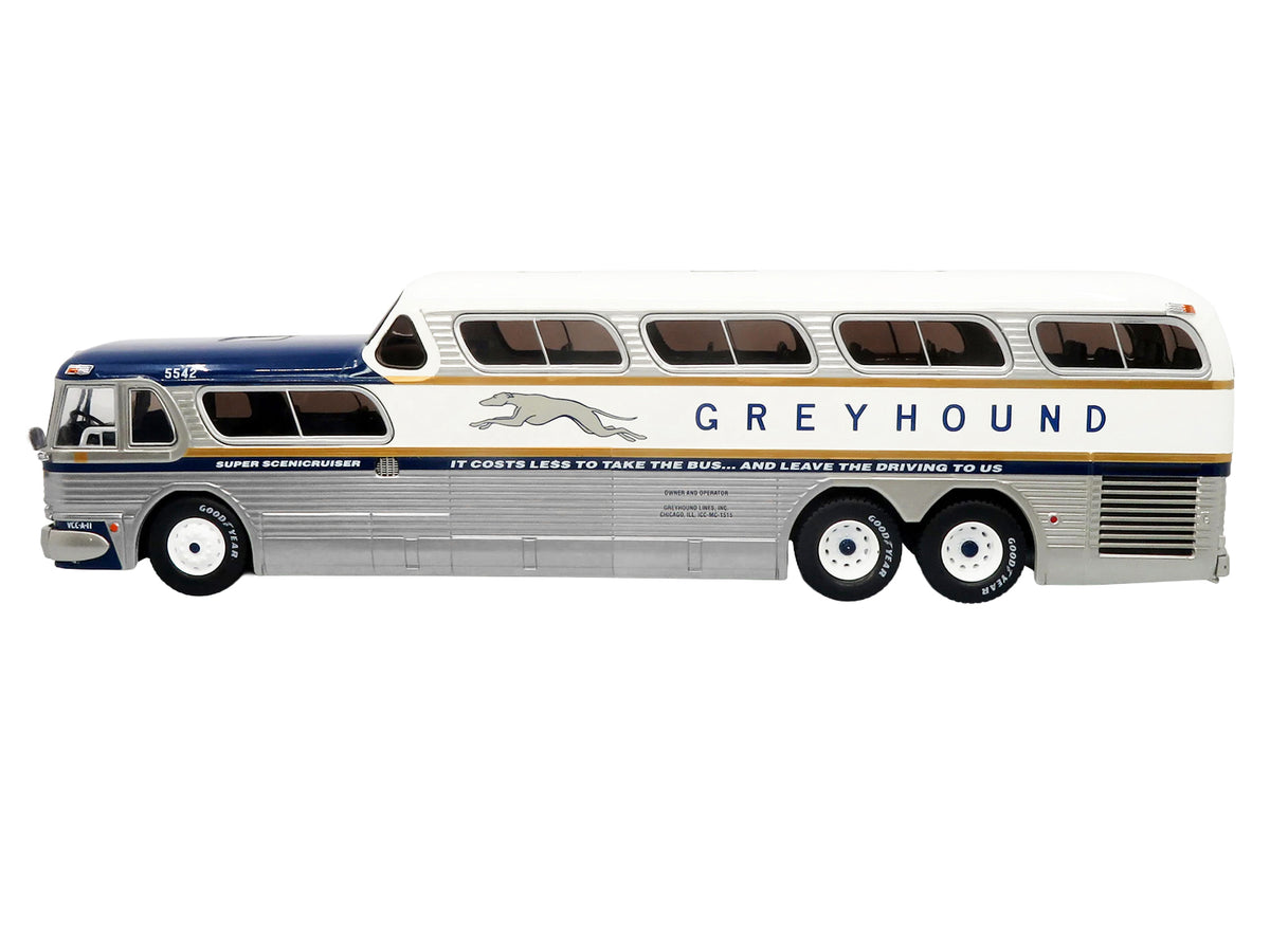 GM PD-4501 Scenicruiser Coach Bus "Greyhound Bus Lines - 50th Anniversary" Raw Metal with Blue and White Top and Gold Stripes "The Bus & Motorcoach Collection" 1/43 Plastic Model