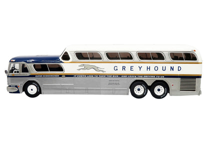 GM PD-4501 Scenicruiser Coach Bus "Greyhound Bus Lines - 50th Anniversary" Raw Metal with Blue and White Top and Gold Stripes "The Bus & Motorcoach Collection" 1/43 Plastic Model