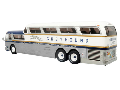 GM PD-4501 Scenicruiser Coach Bus "Greyhound Bus Lines - 50th Anniversary" Raw Metal with Blue and White Top and Gold Stripes "The Bus & Motorcoach Collection" 1/43 Plastic Model
