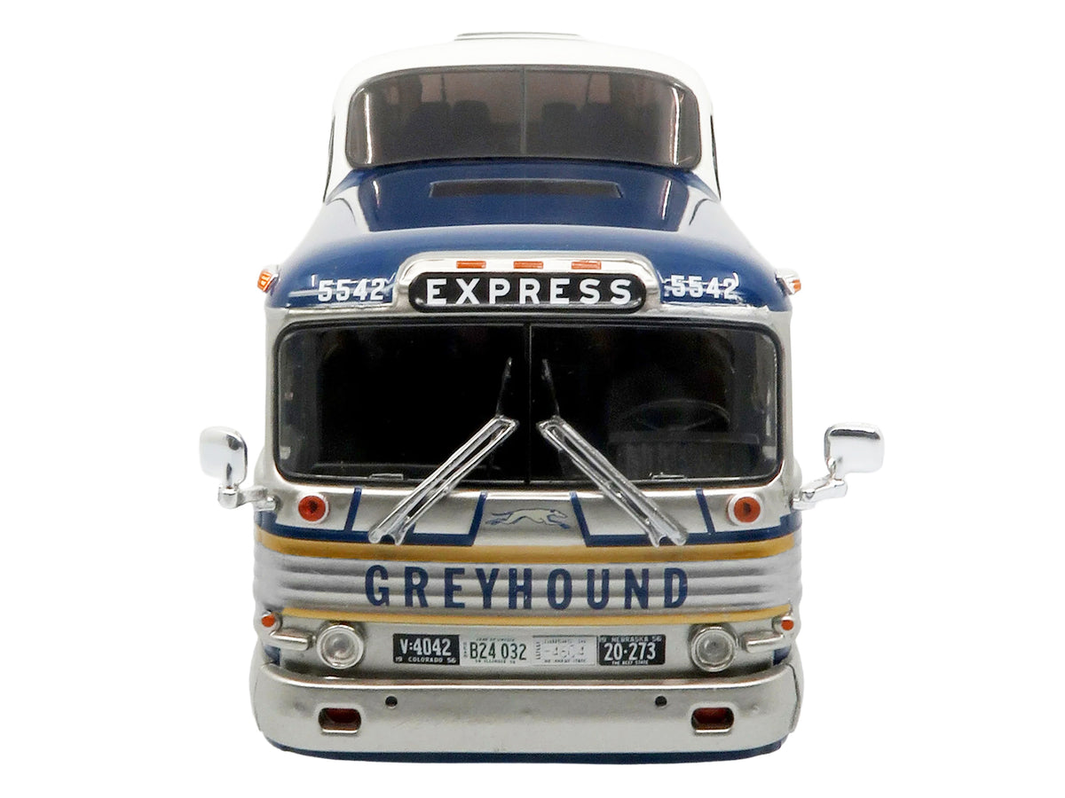 GM PD-4501 Scenicruiser Coach Bus "Greyhound Bus Lines - 50th Anniversary" Raw Metal with Blue and White Top and Gold Stripes "The Bus & Motorcoach Collection" 1/43 Plastic Model