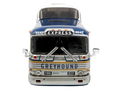 GM PD-4501 Scenicruiser Coach Bus "Greyhound Bus Lines - 50th Anniversary" Raw Metal with Blue and White Top and Gold Stripes "The Bus & Motorcoach Collection" 1/43 Plastic Model
