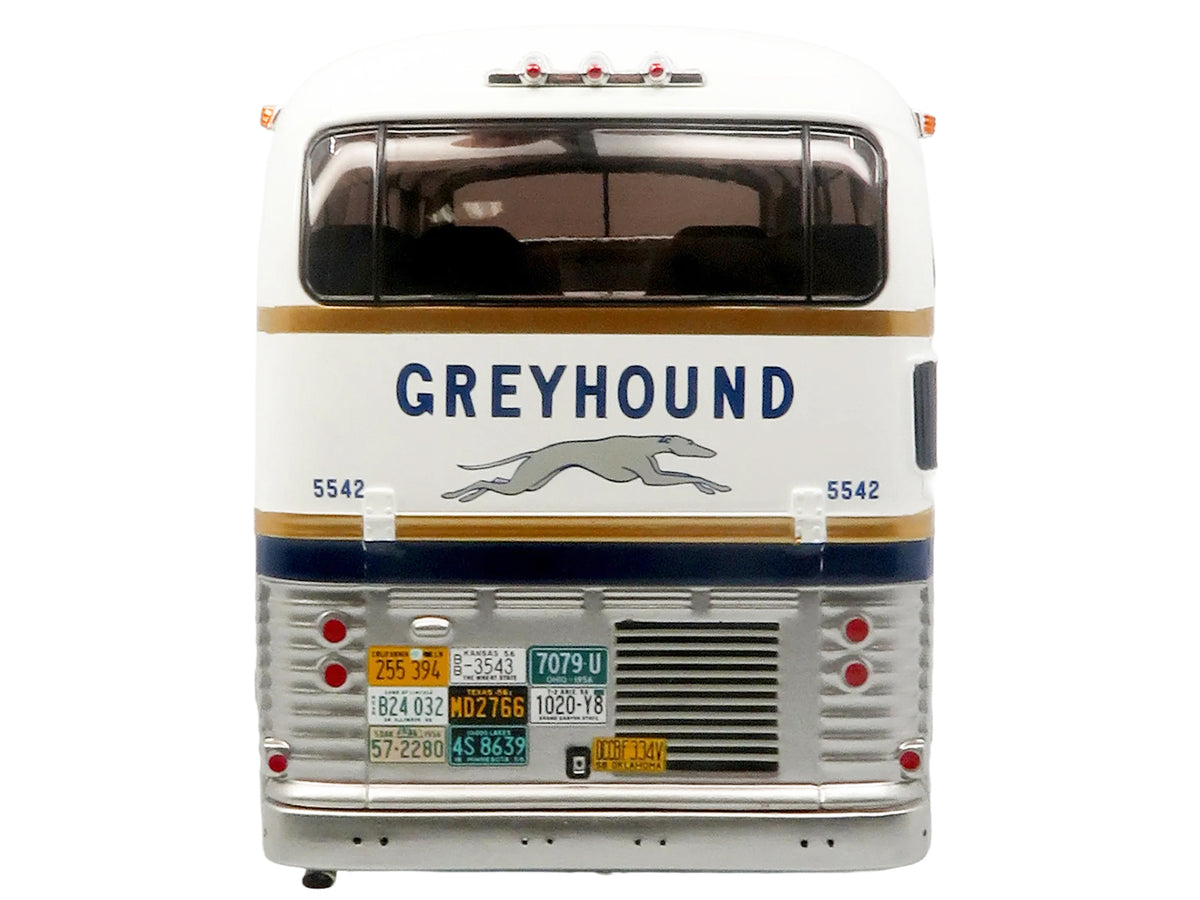 GM PD-4501 Scenicruiser Coach Bus "Greyhound Bus Lines - 50th Anniversary" Raw Metal with Blue and White Top and Gold Stripes "The Bus & Motorcoach Collection" 1/43 Plastic Model