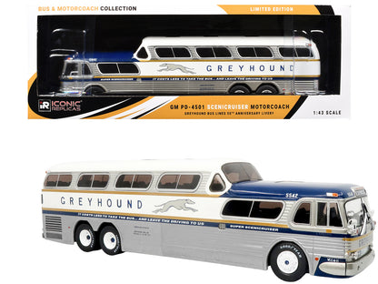 GM PD-4501 Scenicruiser Coach Bus "Greyhound Bus Lines - 50th Anniversary" Raw Metal with Blue and White Top and Gold Stripes "The Bus & Motorcoach Collection" 1/43 Plastic Model