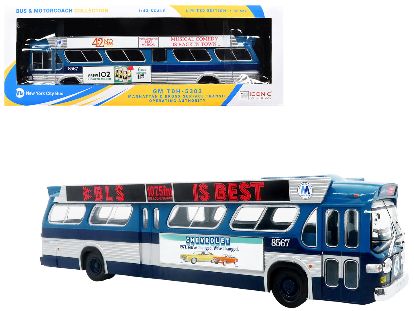 1963 GM TDH-5303 Transit Bus "MTA New York City Surface Transit" Blue Two-Tone with Graphics "The Bus & Motorcoach Collection" Limited Edition to 504 pieces Worldwide  1/43 Plastic Model