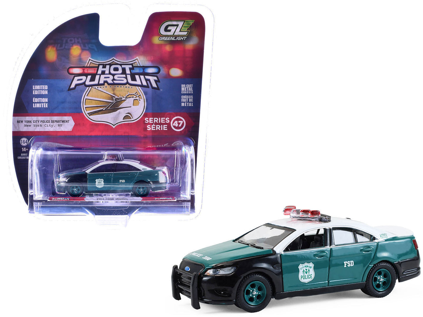 2014 Ford Taurus "New York Police Department (NYPD) Vintage Tribute Livery" Green and Black with White Top "Hot Pursuit" Series 47 1/64 Diecast Model Car