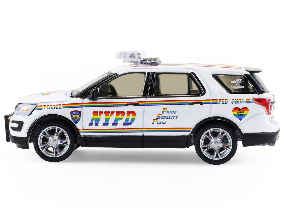 2016 Ford Police Interceptor Utility "New York Police Department (NYPD) Pride Livery" White with Rainbow Stripes "Hot Pursuit" Series 47 1/64 Diecast Model Car