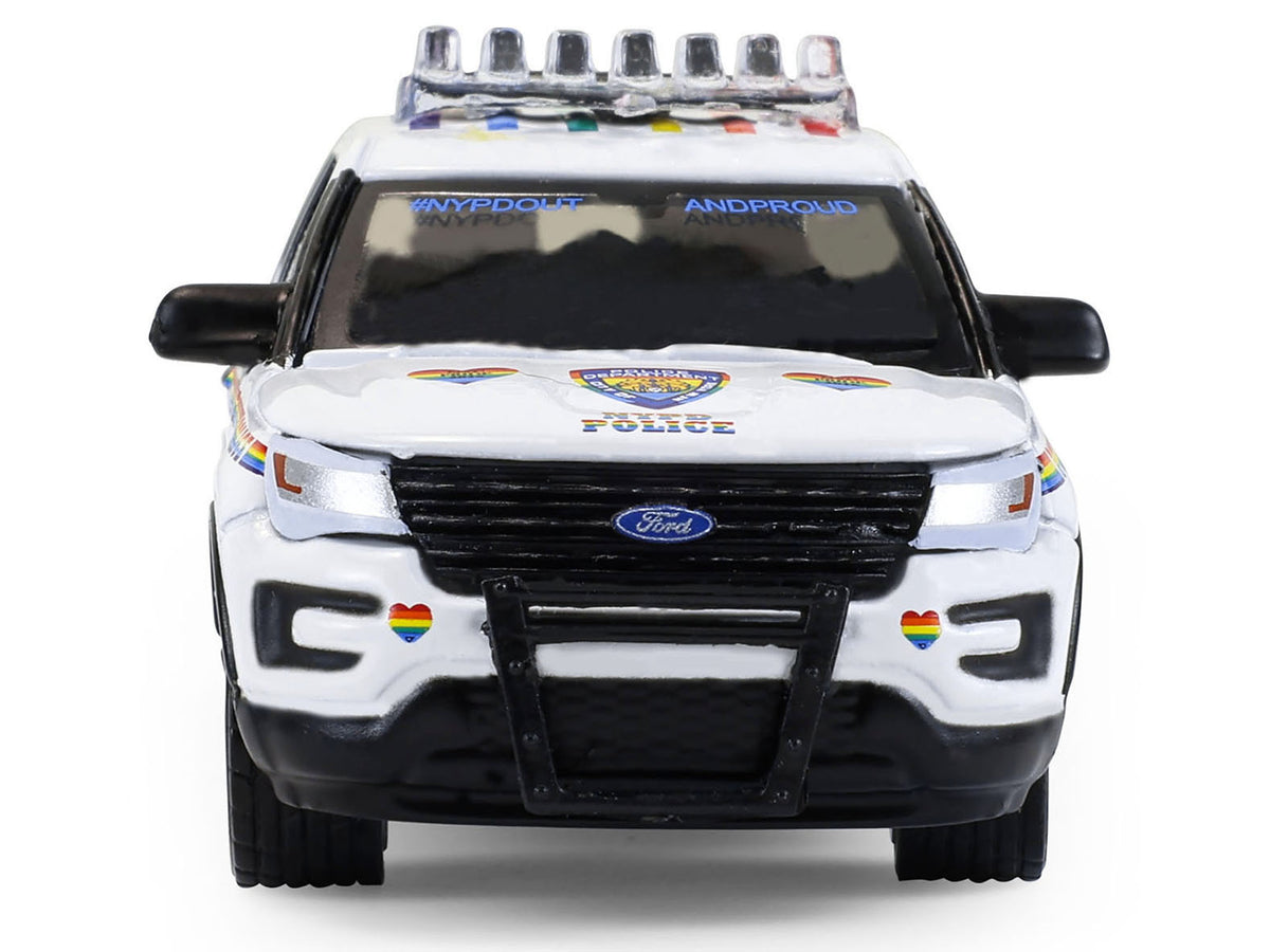 2016 Ford Police Interceptor Utility "New York Police Department (NYPD) Pride Livery" White with Rainbow Stripes "Hot Pursuit" Series 47 1/64 Diecast Model Car