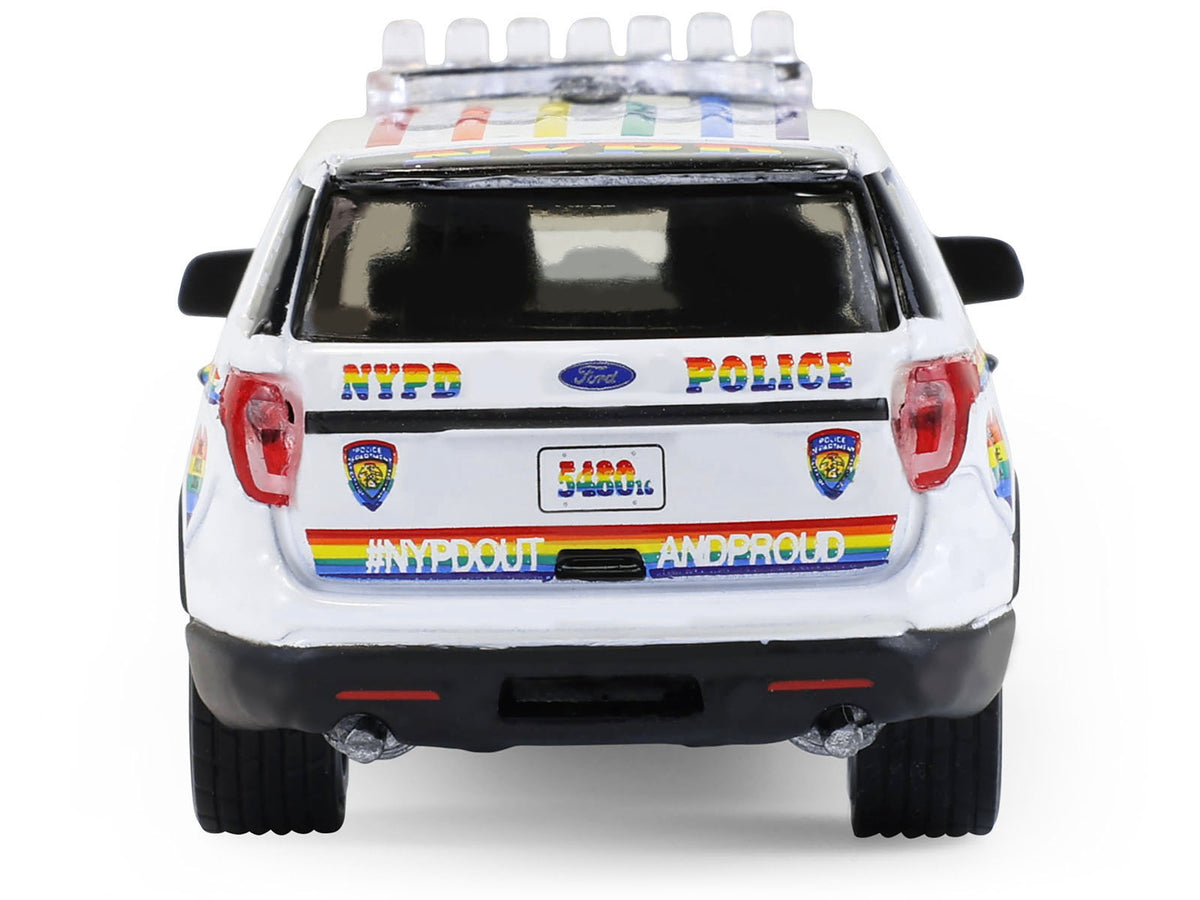 2016 Ford Police Interceptor Utility "New York Police Department (NYPD) Pride Livery" White with Rainbow Stripes "Hot Pursuit" Series 47 1/64 Diecast Model Car