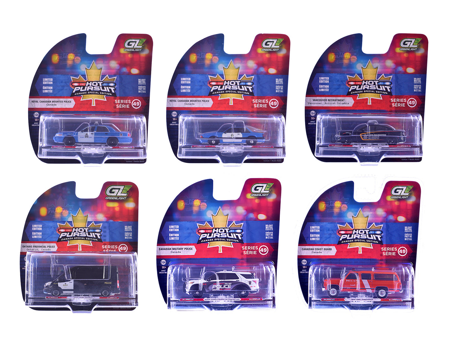 "Hot Pursuit - Canada Special Edition" Set of 6 Police Cars 1/64 Diecast Model Cars