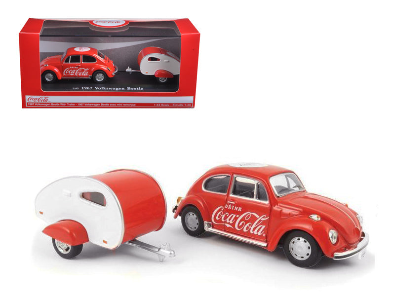 1967 Volkswagen Beetle Red with Teardrop Travel Trailer Red and White "Coca-Cola" 1/43 Diecast Model Car