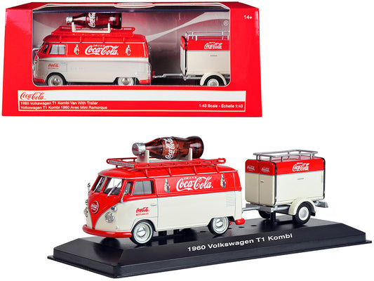1960 Volkswagen T1 Kombi Van with Trailer Red and Cream "Coca Cola" 1/43 Diecast Model Car