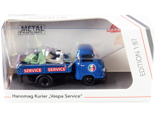 Hanomag Kurier Transporter "Vespa Service" Blue with 2 Vespas (Green and Cream) 1/87 (HO) Diecast Models