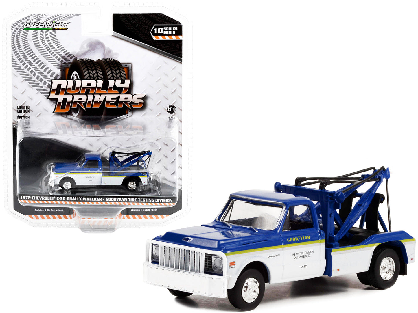 1972 Chevrolet C-30 Dually Wrecker Truck White and Blue with Yellow Stripes "Goodyear Tire Testing Division" "Dually Drivers" Series 10 1/64 Diecast Model Car