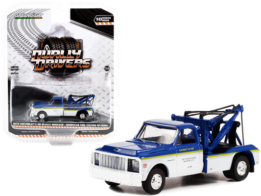 1972 Chevrolet C-30 Dually Wrecker Truck White and Blue with Yellow Stripes "Goodyear Tire Testing Division" "Dually Drivers" Series 10 1/64 Diecast Model Car