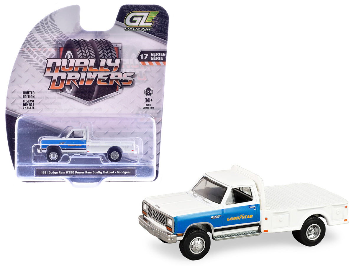 1981 Dodge Ram W350 Power Ram Dually Flatbed Truck "Goodyear" White with Blue Sides "Dually Drivers" Series 17 1/64 Diecast Model Car