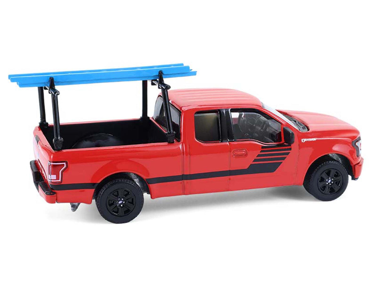 2015 Ford F-150 Pickup Truck with Ladder Rack Red with Black Stripes "Down on the Farm" Series 11 1/64 Diecast Model