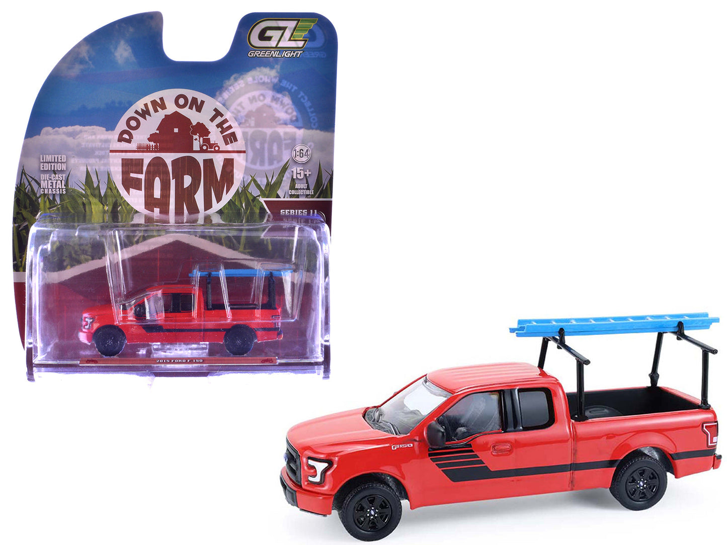 2015 Ford F-150 Pickup Truck with Ladder Rack Red with Black Stripes "Down on the Farm" Series 11 1/64 Diecast Model