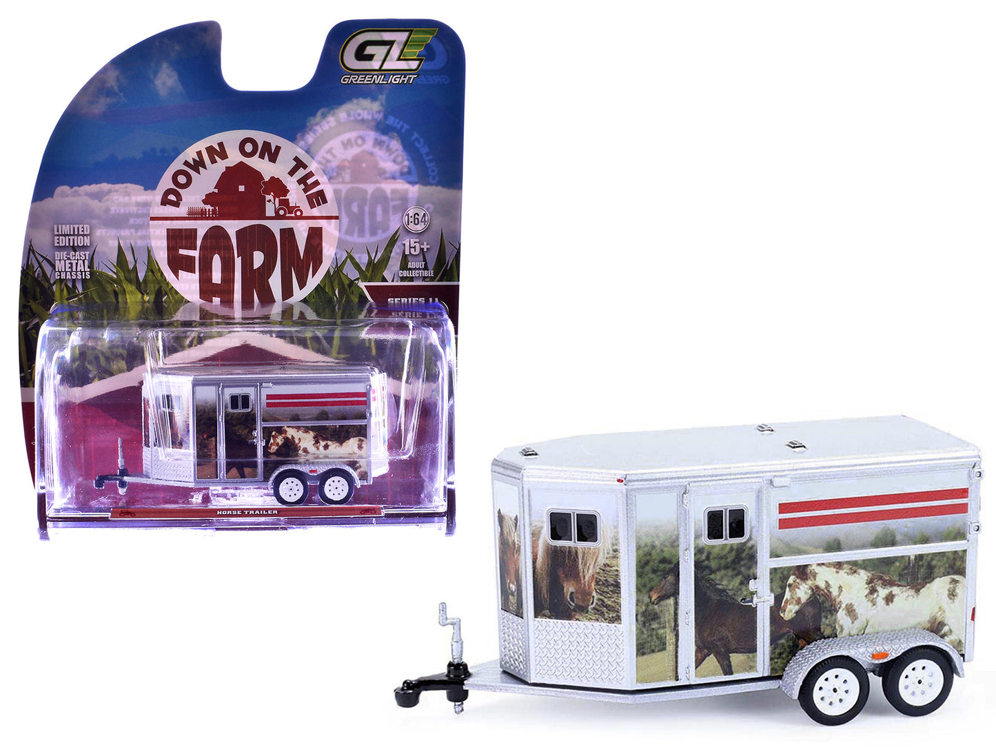 Horse Trailer Silver with Custom Horse Wrap "Down on the Farm" Series 11 1/64 Diecast Model