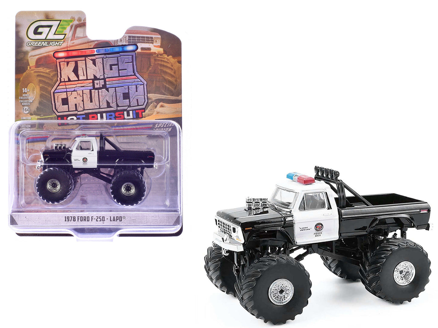 1978 Ford F-250 Monster Truck "LAPD (Los Angeles Police Department)" Black and White "Kings of Crunch - Hot Pursuit" Special Edition 1/64 Diecast Model Car
