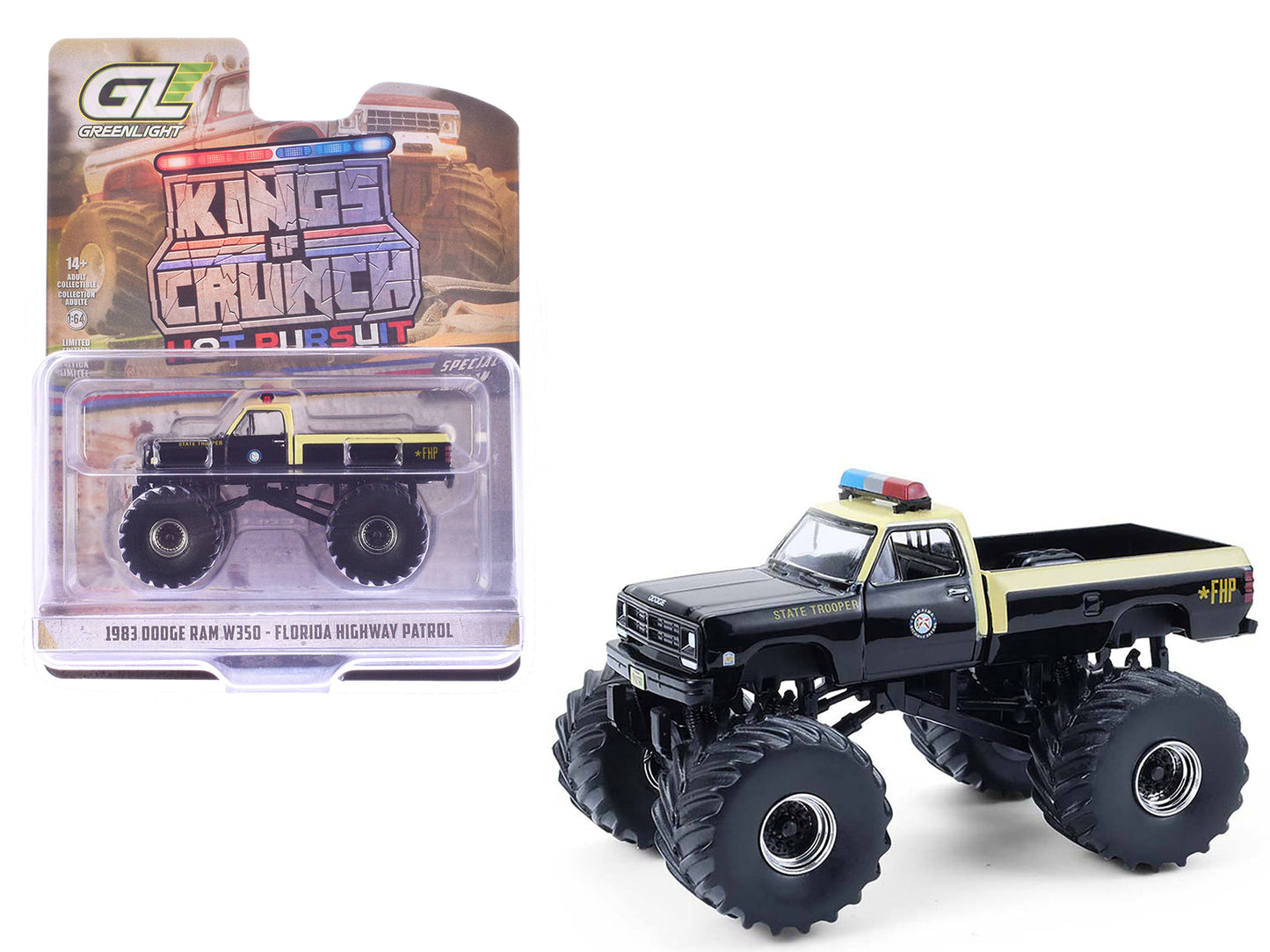 1983 Dodge Ram W350 Monster Truck "Florida Highway Patrol" Black with Cream Top and Stripes "Kings of Crunch - Hot Pursuit" Special Edition 1/64 Diecast Model Car