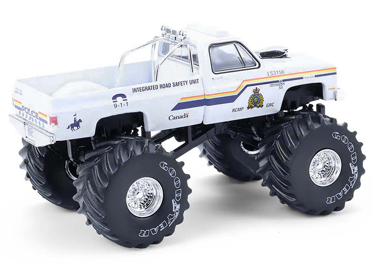 1986 Chevrolet Silverado Monster Truck "Royal Canadian Mounted Police" White with Stripes "Kings of Crunch - Hot Pursuit" Special Edition 1/64 Diecast Model Car
