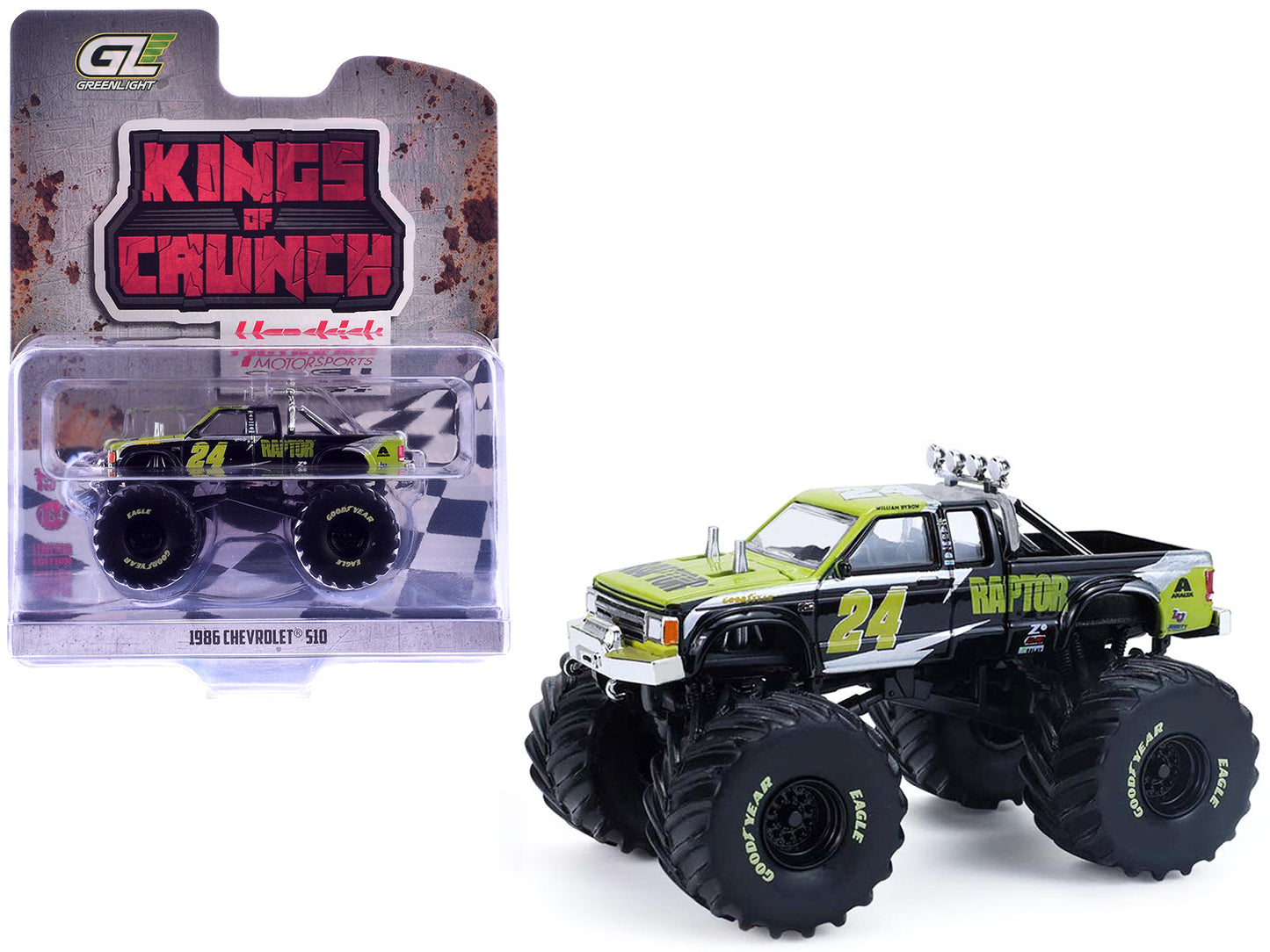 1986 Chevrolet S10 Monster Truck #24 "Raptor" Black and Green with Graphics "Kings of Crunch - Hendrick Motorsports Tribute" Special Edition 1/64 Diecast Model Car