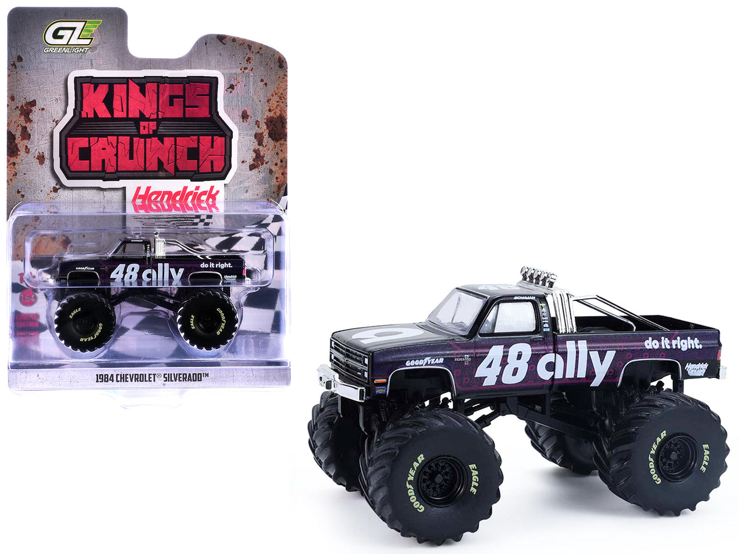 1984 Chevrolet Silverado Monster Truck #48 "Ally" Black and Purple with Graphics "Kings of Crunch - Hendrick Motorsports Tribute" Special Edition 1/64 Diecast Model Car