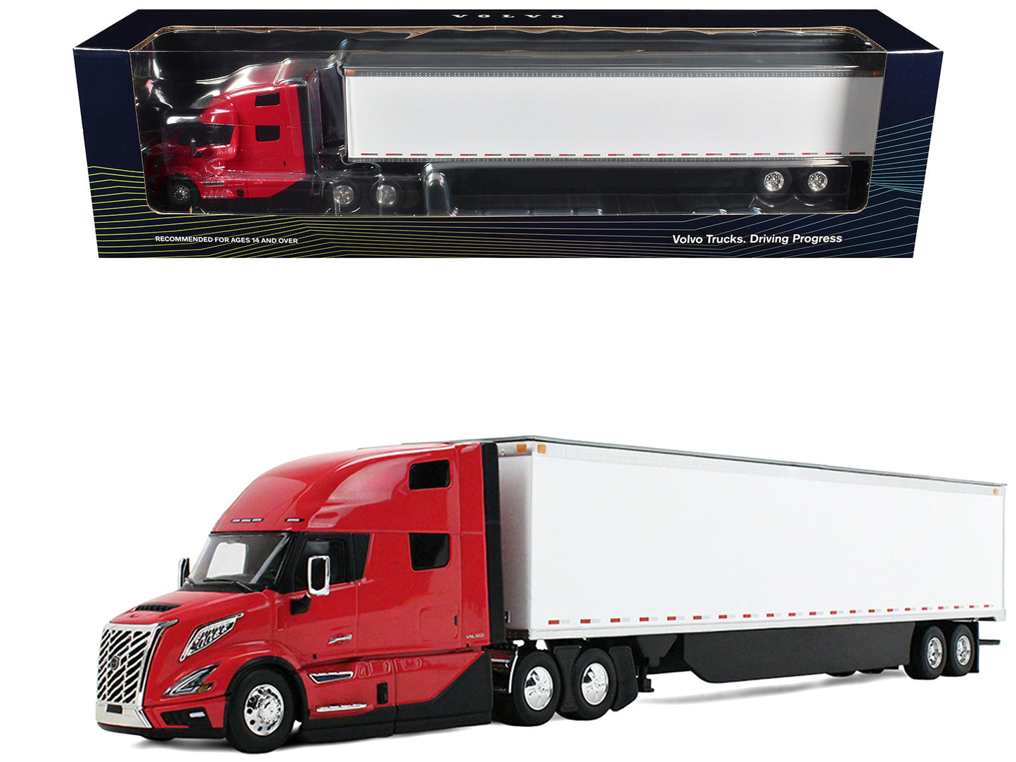 Volvo VNL 860 High-Roof Sleeper and 53' Trailer with Skirts Red with White Trailer 1/50 Diecast Model