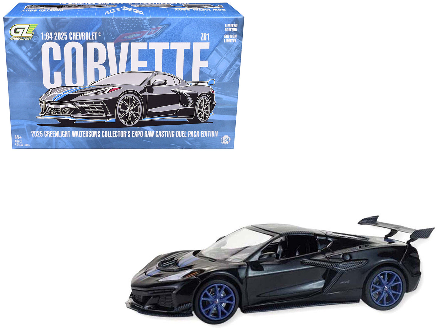 2025 Chevrolet Corvette C8 ZR1 Black with Blue Stripes with Raw Casting Dual Pack "2025 Greenlight Waltersons Collector's Expo Exclusive" 1/64 Diecast Model Car