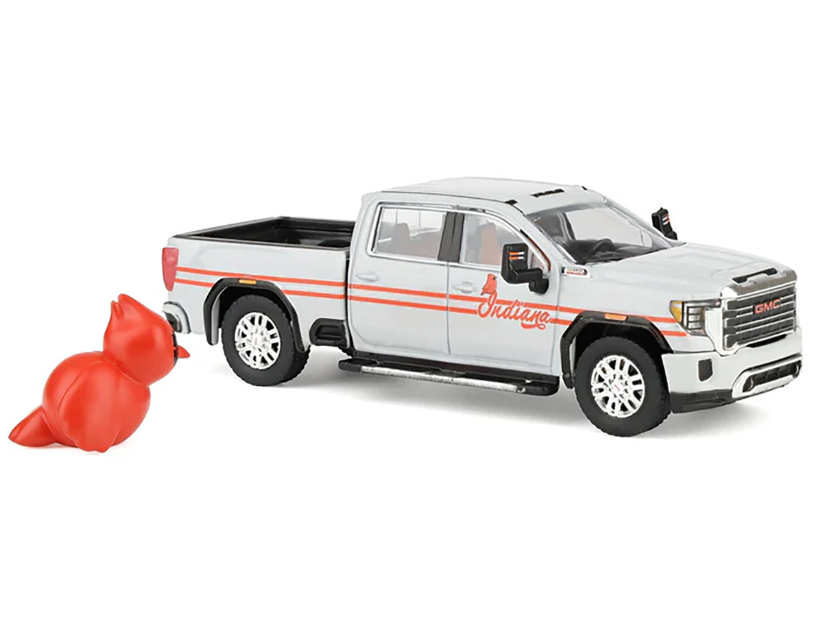 2022 GMC Sierra 3500 HD Pickup Truck "Indiana Cardinals" Silver Metallic with Red Stripes and Cardinal Figure "2025 Greenlight Waltersons Collector's Expo Exclusive" 1/64 Diecast Model Car