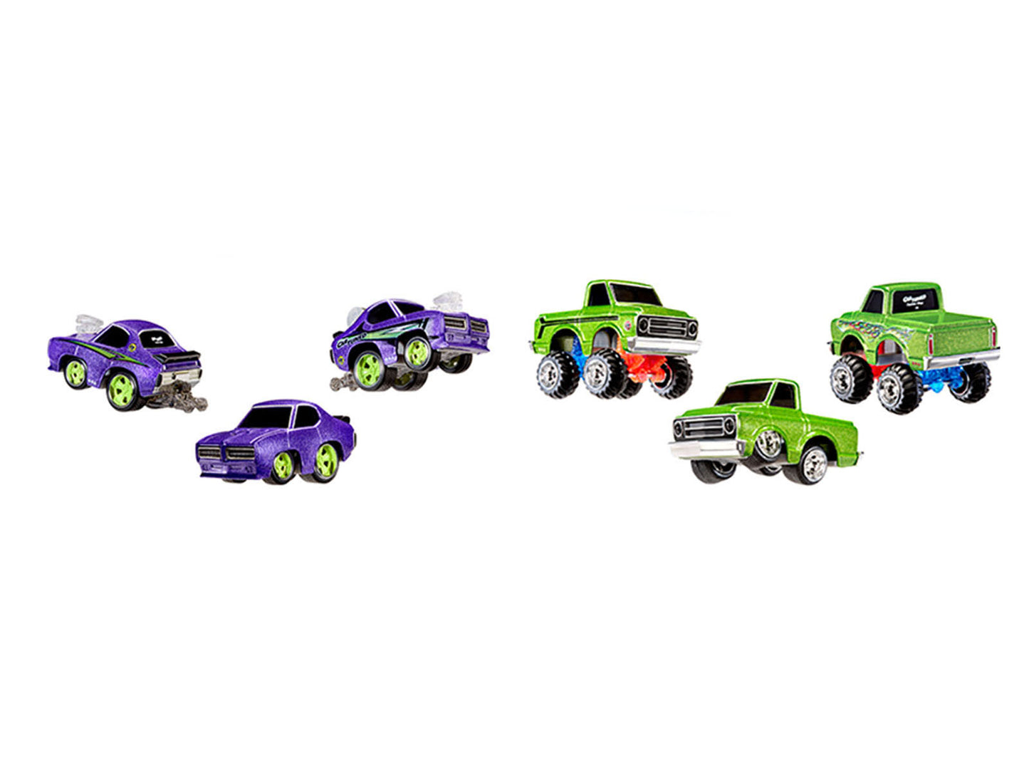 1969 Pontiac GTO Purple Metallic and 1967 Chevrolet C10 Pickup Truck Green Metallic "Custom Shop" 2 Car Set Diecast Model Cars