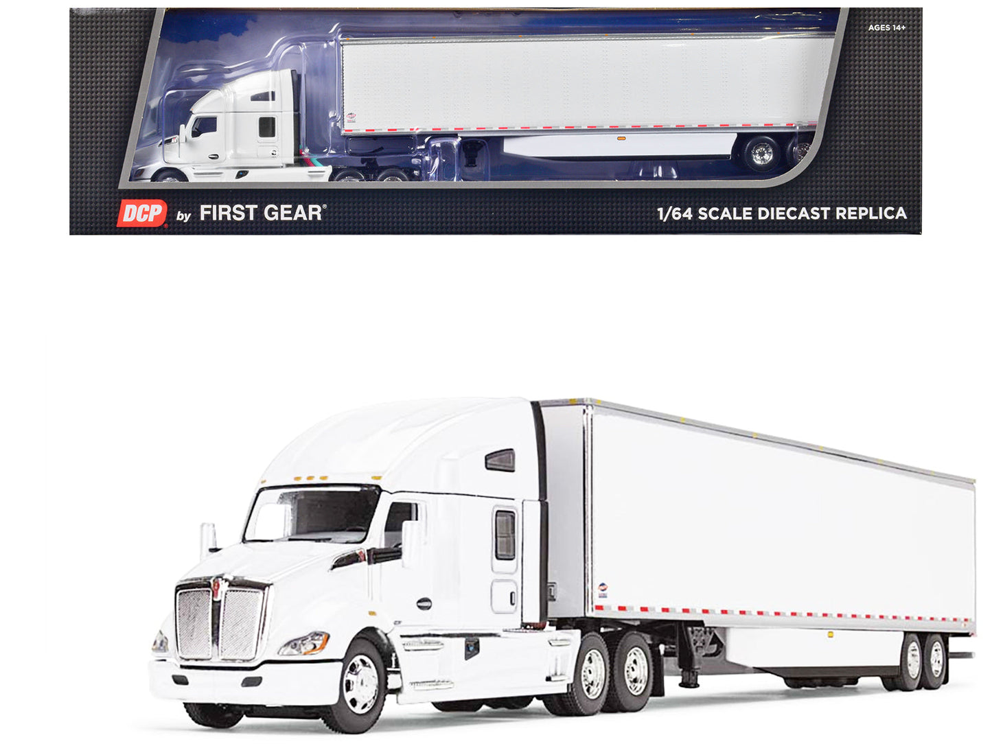 Kenworth T680 with 76" High Roof Sleeper and 53' Smooth Sided Dry Goods Trailer White 1/64 Diecast Model
