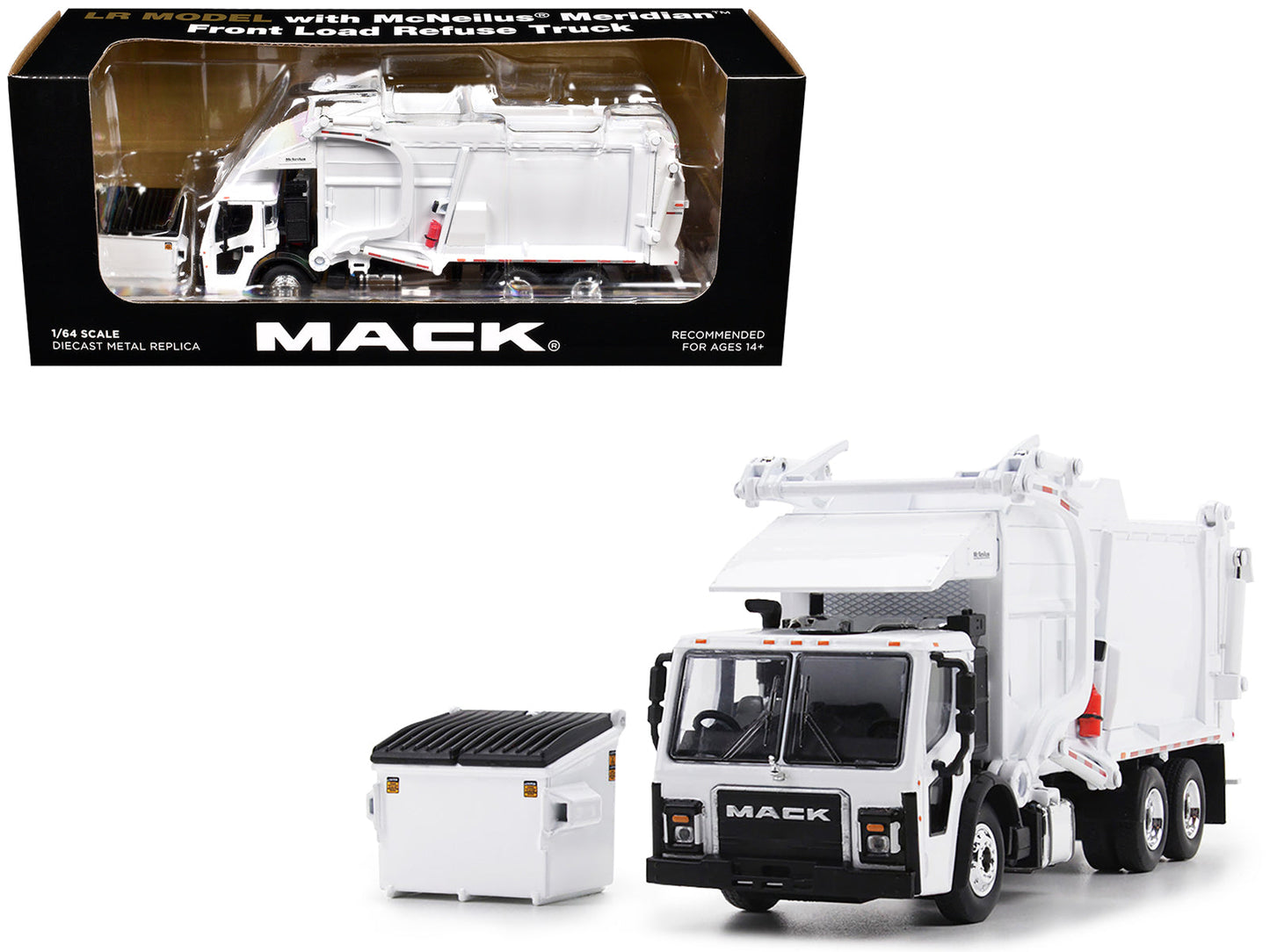 Mack LR Refuse Garbage Truck with McNeilus Meridian Front Loader White with Trash Bin 1/64 Diecast Model