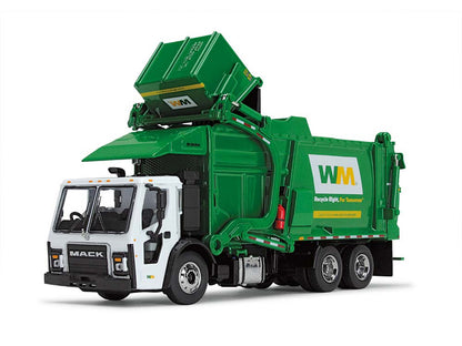 Mack LR Garbage Truck with McNeilus Meridian Front Load Refuse Body White and Green with Refuse Bin "Waste Management" 1/64 Diecast Model