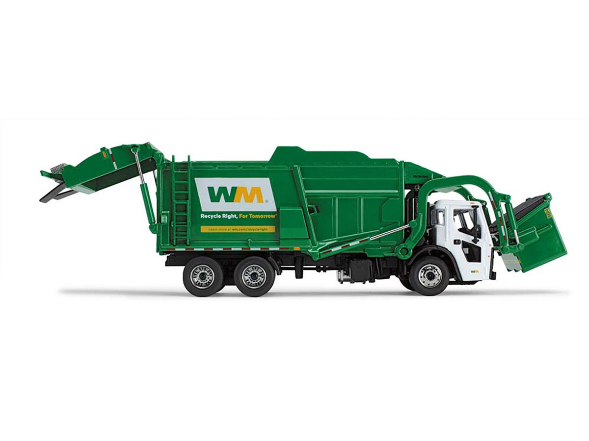 Mack LR Garbage Truck with McNeilus Meridian Front Load Refuse Body White and Green with Refuse Bin "Waste Management" 1/64 Diecast Model