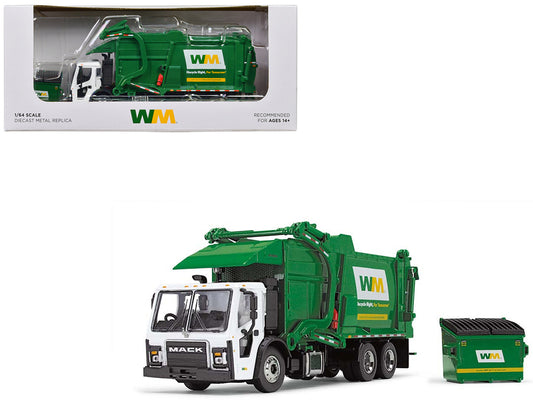 Mack LR Garbage Truck with McNeilus Meridian Front Load Refuse Body White and Green with Refuse Bin "Waste Management" 1/64 Diecast Model